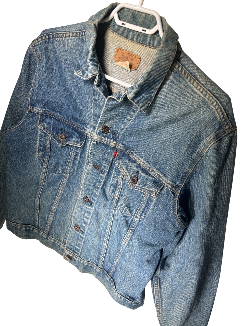 Vintage Levi's Light Wash Denim Trucker Jacket Red Tab Union Made.